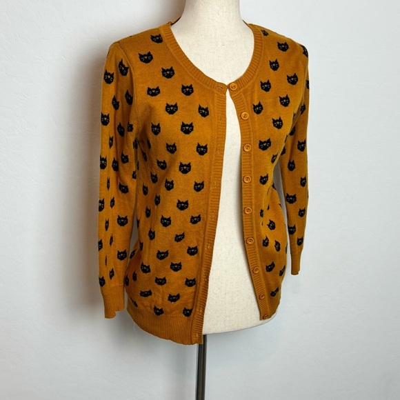 Yemak Black Cat Patterned mustard Yellow cardigan Sweater 3/4 sleeve size S - Picture 9 of 13